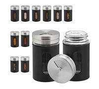 Relaxdays Portaspezie, Set da 12 Barattoli, 3 Aperture Diverse, Coperchio Forato, Vetro, Acciaio e Plastica, 90 ml, Nero, Inox, 8,5 x 5 cm
