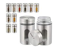 Relaxdays Portaspezie, Set da 12, con 3 Aperture Spargispezie Diverse, Interno Visibile, in Vetro, Acciaio Inox, Argento