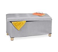 Relaxdays Pouf con Contenitore Vassoio, HxLxP: 34x76x38 cm, Sgabello Portaoggetti Salvaspazio, Velluto, Grigio Chiaro, Fibra di Legno, 1 pz