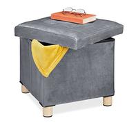 Relaxdays Pouf Contenitore con Vassoio Integrato, Sgabello Poggiapiedi Imbottito Portaoggetti, Multiuso, Grigio Chiaro, Velluto, 1 pz