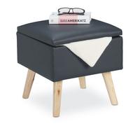 Relaxdays Pouf Contenitore in Ecopelle, 40 x 40 x 40 cm, Sgabello da Salotto, Cubo con Coperchio Imbottito, Grigio Scuro