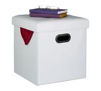 Relaxdays Pouf Contenitore 39x37x37cm Sgabello pieghevole pelle finta poggiapiedi imbottito Bianco