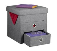 Relaxdays Pouf Contenitore Pieghevole, Sgabello Poggiapiedi Imbottito con 2 Cassetti, HLP 39x37x37 cm, Grigio Scuro, Poliestere
