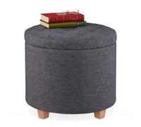 Relaxdays Pouf Contenitore Rotondo, Sgabello Imbottito, Poggiapiedi Salotto, Effetto Lino, HxD: 41 x 44 cm, Grigio Scuro, Fibra di Legno