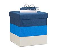 Relaxdays Pouf Imbottito con Contenitore, a Strisce, Colorato, Pieghevole, HxLxP: 38 x 38 x 38 cm, Bianco-Blu