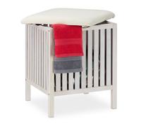 relaxdays Pouf per Bagno Portabiancheria, Sgabello Contenitore, 40 L, Raccogli Biancheria, Design, 53x41x41 cm, Bianco, Legno, 1 pz