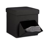 Relaxdays Pouf Pieghevole con Contenitore, 38x38x38 cm, Lino, Sgabello Quadrato, Coperchio Rimovibile, Poggiapiedi, Nero