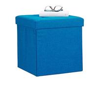 Relaxdays Pouf Pieghevole Con Contenitore, Sedia Sgabello a Forma di Cubo, Lino, Coperchio Rimovibile, 38x38x38 cm, Blu