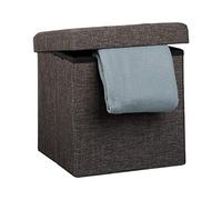Relaxdays Pouf Pieghevole Con Contenitore, Sgabello a Forma di Cubo, Lino, Coperchio Rimovibile, 38x38x38 cm; Marrone