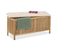 Relaxdays Pouf Portabiancheria, Cesto da Bagno 100 l, HLP: 50x100x38 cm, Sgabello Contenitore in Legno, Naturale Bianco