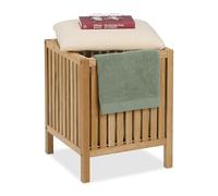 Relaxdays Pouf Portabiancheria, Cesto da Bagno 30 l, HLP: 51x389x38 cm, Sgabello Contenitore in Legno, Naturale Bianco