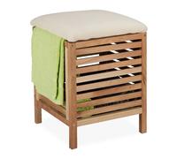 Relaxdays Pouf Portabiancheria, Sgabello Contenitore in Legno Cesto Bagno, 35 l, HLP: 51x39x39 cm, Marrone Naturale, Gommapiuma