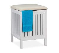 relaxdays Pouf Portabiancheria per Bagno, Sgabello Contenitore, 40 L, Raccogli Biancheria, Design, 55x41x41 cm, Bianco, Legno, 1 pz