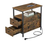 Relaxdays Prese, Porta USB, 2 cassetti, HxLxP: 61 x 35 x 60 cm, tavolino da Notte, Marrone/Nero, Fibra di Legno, Ferro