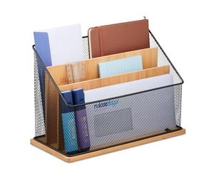 Relaxdays Raccoglitore da Scrivania, 3 Scomparti Porta Documenti e Lettere, Ferro e bambù, HLP 20x29x14cm, Naturale Nero