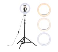 Relaxdays Ring Light LED con Treppiedi, Luce per Selfie, Streaming e Foto, Anello da 10" Dimmerabile, Bianco Nero, 153 x 50 x 50 cm