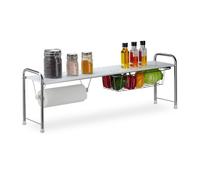 Relaxdays Ripiano Salvaspazio per Cucina, con Portarotolo, Mensola Sopra Lavello con Cestino, 32x94x23 cm,Bianco/Argento