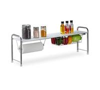 Relaxdays Ripiano Salvaspazio per Cucina, con Portarotolo, Mensola Sopra Lavello con Cestino, 32x94x23 cm,Bianco/Argento