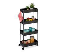 Relaxdays Rolling Cart rotelle, 4 Ripiani, Altezza x Larghezza x profondità: 93 x 40 x 22 cm, 4 Ruote, per Bagno e Cucina, Carrello portaoggetti Sottile, Nero, 80% plastica