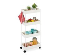 Relaxdays Rolling Cart rotelle, 4 Ripiani, Altezza x Larghezza x profondità: 93 x 40 x 22 cm, 4 Ruote, per Bagno e Cucina, Carrello portaoggetti Sottile, Bianco, 20% Acciaio Inox