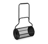 Relaxdays Rullo Spandiconcime Prato, Carrello 65 L per Semina Giardino, HLP: 117x74x36 cm, Spargi Semi e Concime, Nero, Acciaio, Gommapiuma
