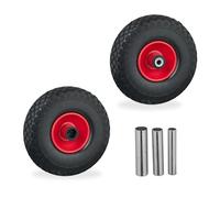 Relaxdays Ruota per Carriola 3.00-4, Set 2 Gomme Piene Antiforatura, Cerchi in Acciaio 3 Adattatori per ASSE, Nero Rosso, Gomma