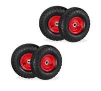 Relaxdays Ruota per Carriola 3.50-4, Set 4 Gomme con Camera d'Aria, Cerchione in Acciaio, Ruotino Scorta, Nero Rosso, Gomma