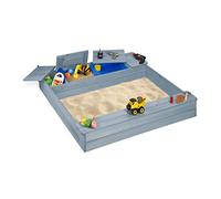 Relaxdays Sabbiera per Bambini, con Scomparti, Sandbox in Legno, Panchina, Vaschette per Giocare, 18x125x120 cm, Grigio