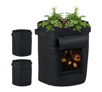Relaxdays Sacco per Patate, Set da 3, Coltivazione di Piante, con Finestra Apribile, Vaso in Tessuto, HxD 35x30 cm, Nero, Tessuto Non Tessuto