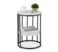 Relaxdays Salotto Effetto Marmo, 2 Ripiani, per Soggiorno, Metallo e MDF, tavolino Rotondo, Altezza 57 x 40 cm, Bianco/Nero, 40% Fibra di Legno 60% Ferro, 57x40 cm