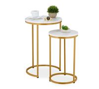Relaxdays Satztisch 2er Marmoroptik Set di 2 Metallo Effetto Marmo, 2 Misure, Rotondi, tavolino da Salotto, Oro, 10% plastica 30% Fibra di Legno 60% Ferro, Bianco Dorato, Set da 2