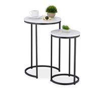 Relaxdays Satztisch 2er Marmoroptik Set di 2 Metallo Effetto Marmo, 2 Misure, Rotondi, tavolino da Salotto, 30% Fibra di Legno 60% Ferro 10% plastica, Nero Bianco, Set da 2