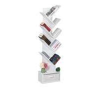 Relaxdays Scaffale Libreria, Mobile Stretto da Terra con 9 Ripiani ad Albero per Libri, CD e Dvd, 146x38x22 cm, Bianco, Tessuto Non Tessuto, Fibra di Legno, Cartone