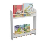 Relaxdays Scaffale a Parete per Bambini, Libreria a Muro con 2 Ripiani per Libri e 4 Ganci Appendiabiti, 5x60x12 cm, Fibra, Legno, 62