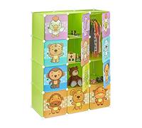 Relaxdays Scaffale Componibile per la Cameretta dei Bambini, Immagini Graziose di Animali, Ante e Bastone Appendiabiti, Verde