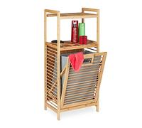 Relaxdays Scaffale con Portabiancheria, Cestino Pieghevole in Tessuto, Mobile in bambù, HLP 95x40x30 cm, Naturale/Grigio, 1 pz
