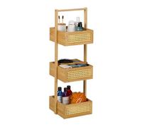 Relaxdays Scaffale da Bagno e Cucina, Mobile Stretto HLP: 65x22x22 cm, Colonna a 3 Ripiani, Salvaspazio, bambù e Rattan