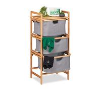 relaxdays Scaffale in bambù, 3 Scomparti con Ceste Portabiancheria, Bagno & Camera, 96 x 44 x 34,5 cm, Naturale Grigio