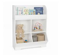Relaxdays Scaffale Libreria per Bambini con 2 Ripiani Porta Libri e 4 Scomparti Portagiochi, HLP: 89,5x67x30 cm, Bianco, Fibra di Legno