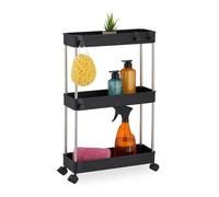 Relaxdays Mobile Salvaspazio, Scaffale su Ruote con 3 Ripiani, Carrello per Bagno e Cucina, 62 x 41,5 x 14,5 cm, Nero, Acciaio Inox