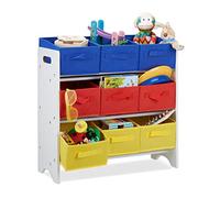 Relaxdays Scaffale per Bambini con Box, 9 Cestini Pieghevoli con Manici, Portagiochi, Mobiletto, MDF, Tubi in Metallo, HxLxP: 62x63x28cm, Bianco/Colorato