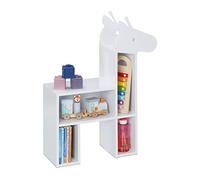 Relaxdays Scaffale per Bambini, Libreria Design Giraffa, 4 Ripiani, HLP: 69,5 x 52,5 x 20 cm, Mobile Portagiochi, Bianco, Fibra di Legno