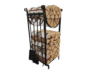 Relaxdays Scaffale per Legna da ardere con Attrezzi, 2 Ripiani, Pinza, Scopa, Paletta, Ferro, Nero