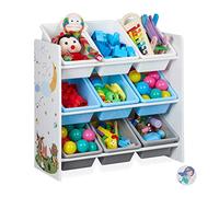 relaxdays Scaffale Porta Giochi, 9 Scatole, Design Anilmali e Falò, MDF, Plastica, Organizer 67 x 65 x 31,5 cm, Colorato