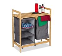 Relaxdays Scaffale Portabiancheria, Cesto Biancheria Estraibile, 3 Scomparti e Ripiano, Mobiletto bambù, Naturale Grigio, 77 x 69.5 x 36 cm