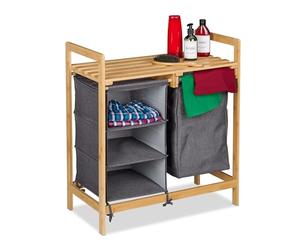 Relaxdays Scaffale Portabiancheria, Cesto Biancheria Estraibile, 3 Scomparti e Ripiano, Mobiletto bambù, Naturale Grigio