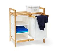 Relaxdays Scaffale Portabiancheria Linea, HLP: 77x69,5x36 cm, 40 Litri, 2 Ripiani Portaoggetti e 3 Scomparti, Naturale, Bambú, Marrone, 36x69.5x77 cm