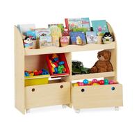 relaxdays Portagiochi Bambini, Scaffale Libreria, Portaoggetti in Plastica, MDF, H x L x P: 88 x 108 x 29 cm,Simil Legno