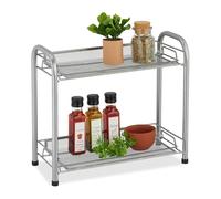 Relaxdays Scaffale Portaspezie a 2 Ripiani, Organizer da Tavolo Cucina o Mensola Bagno per Makeup, in Metallo, Argentato, 32x37x17 cm