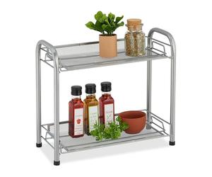Relaxdays Scaffale Portaspezie a 2 Ripiani, Organizer da Tavolo Cucina o Mensola Bagno per Makeup, in Metallo, Argentato